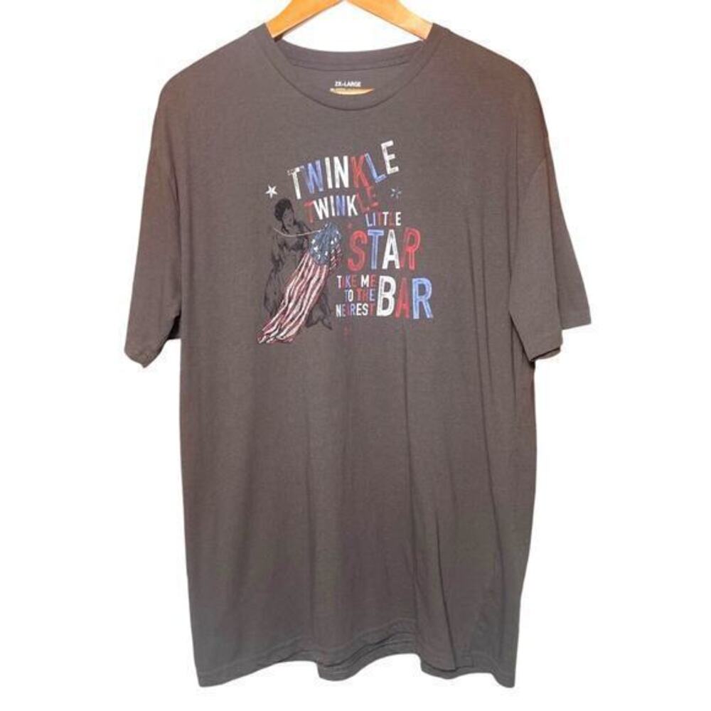 Patriotic Pride American Woman Gray Graphic Tee Flag Twinkle Star Bar Plus Sz 2X